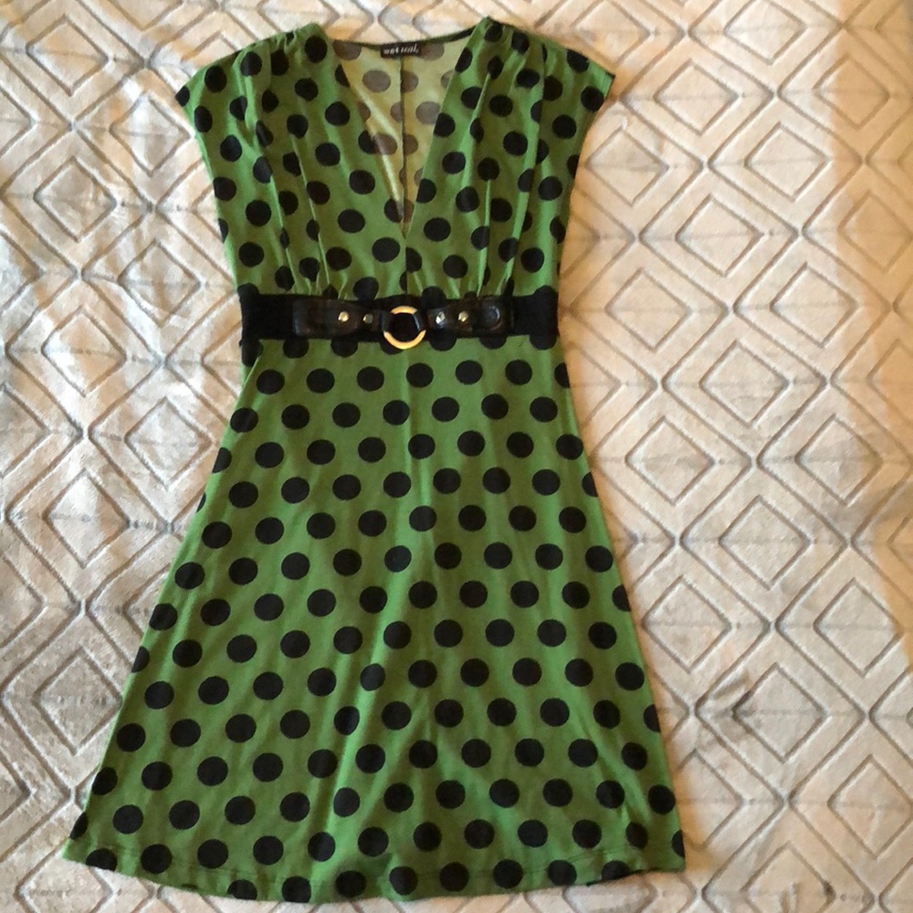 Green dress with Black polka dots